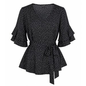 Bloomchic Polka Dot Peplum Ruffle Sleeve Tie Waist Top 14-16 Black White Retro